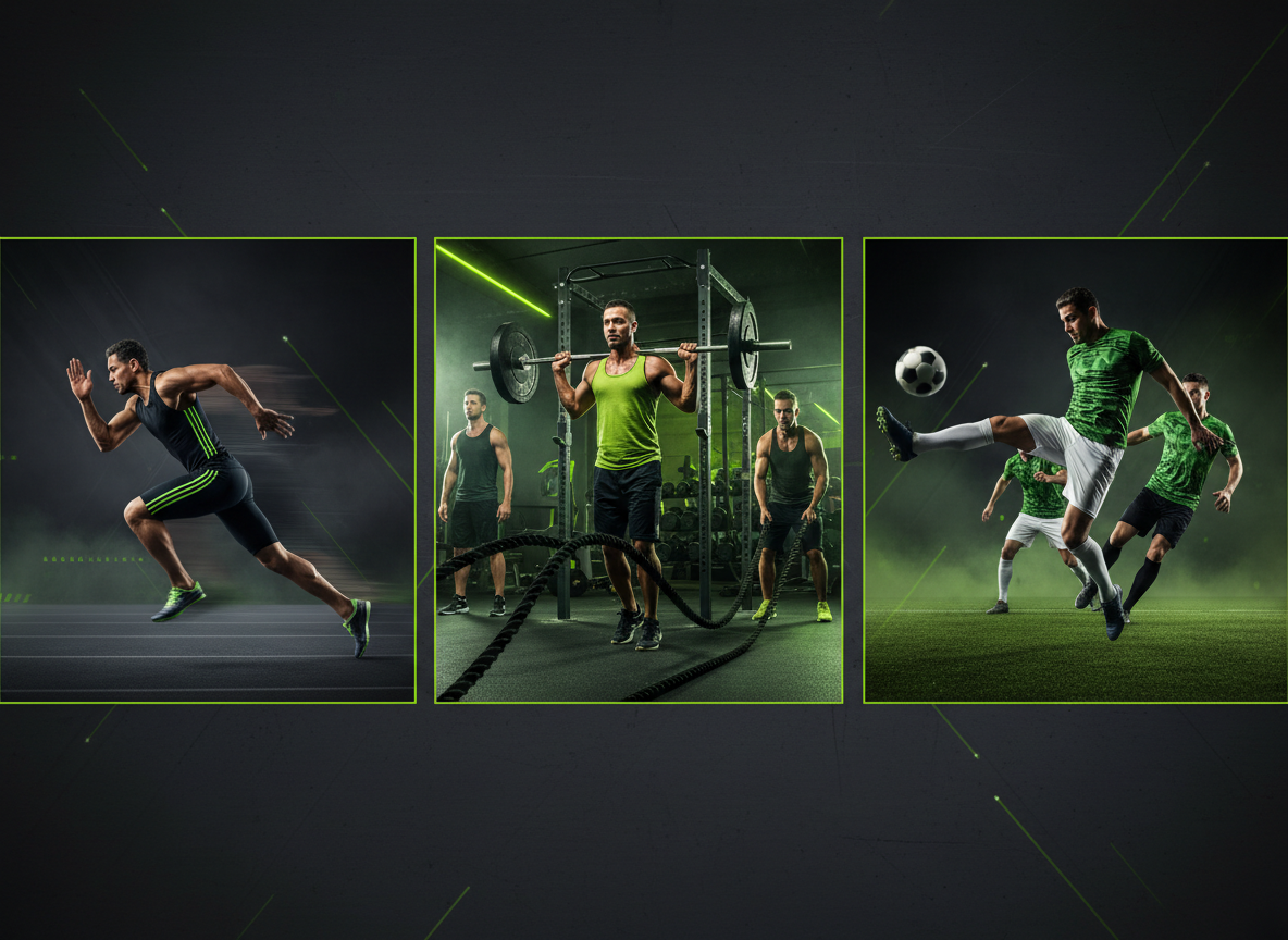 athletes running, training in gym, and playing football in dynamic action shots on dark graphite background with green accents