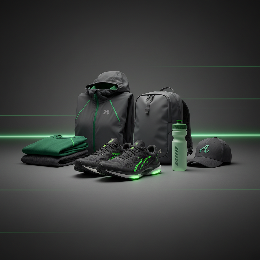 Fotografía profesional y dinámica de productos deportivos modernos: combinación de calzado de running, ropa deportiva técnica y accesorios (mochilas, gorras, botellas). Estilo premium, fondo neutro oscuro con toques de luz verde y gris grafito, iluminación de estudio, composición limpia y alineada, formato cuadrado, coherente con una marca de deporte urbana y moderna.