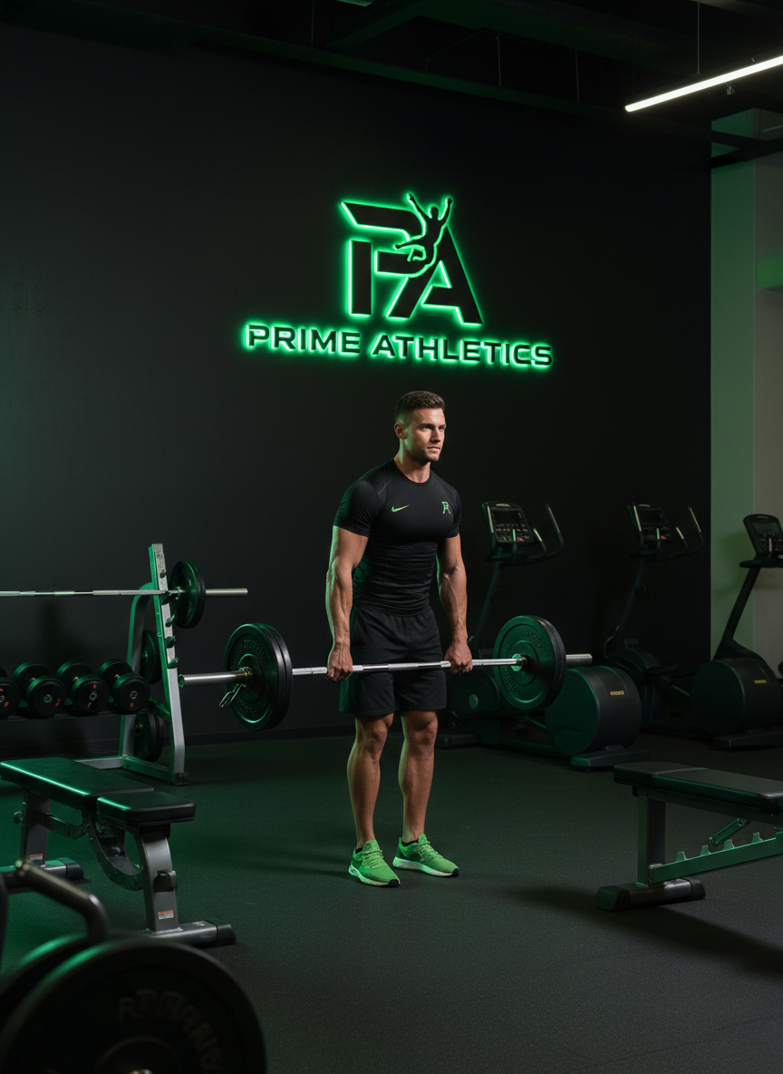 Fotografía vertical profesional de un atleta entrenando en un gimnasio moderno, con pesas y máquinas. Iluminación de estudio con toques de luz verde y gris grafito, estilo dinámico y premium, coherente con la marca Prime Athletics. El atleta viste ropa deportiva moderna en tonos negros y verdes, fondo ligeramente desenfocado, composición limpia y alineada.