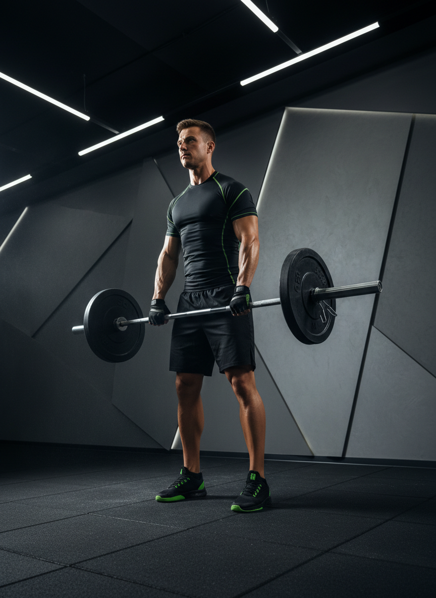 Fotografía profesional vertical de atleta entrenando en gimnasio moderno, levantando pesas, con ropa deportiva negra y verde, fondo gris grafito, iluminación de estudio, estilo premium y dinámico