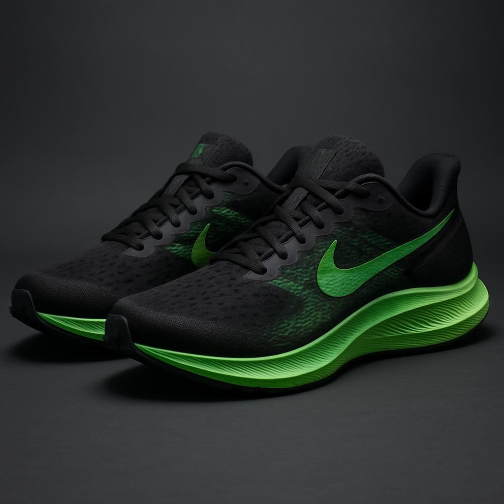 Fotografía profesional cuadrada de zapatillas de running modernas en colores negro y verde sobre fondo gris grafito, iluminación de estudio, estilo premium y deportivo