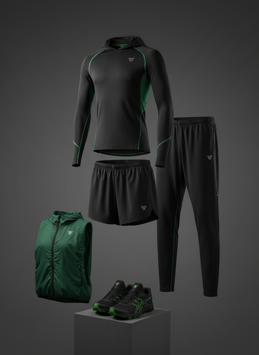 Fotografía profesional vertical de outfit completo de ropa deportiva técnica para running y gym en tonos negros y verdes, colgado sobre fondo gris grafito, iluminación de estudio, estilo premium