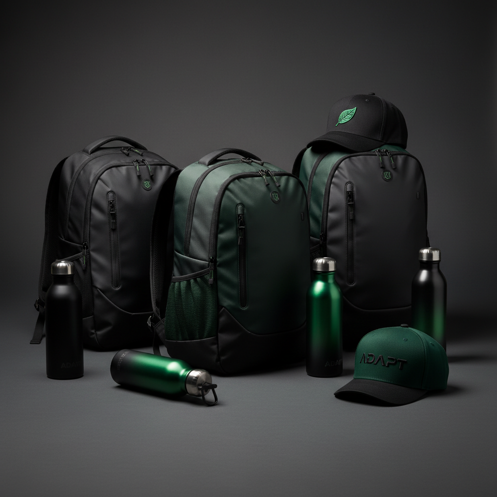 Fotografía profesional cuadrada de accesorios deportivos modernos como mochilas, gorras y botellas en colores negro y verde sobre fondo gris grafito, iluminación de estudio, estilo premium