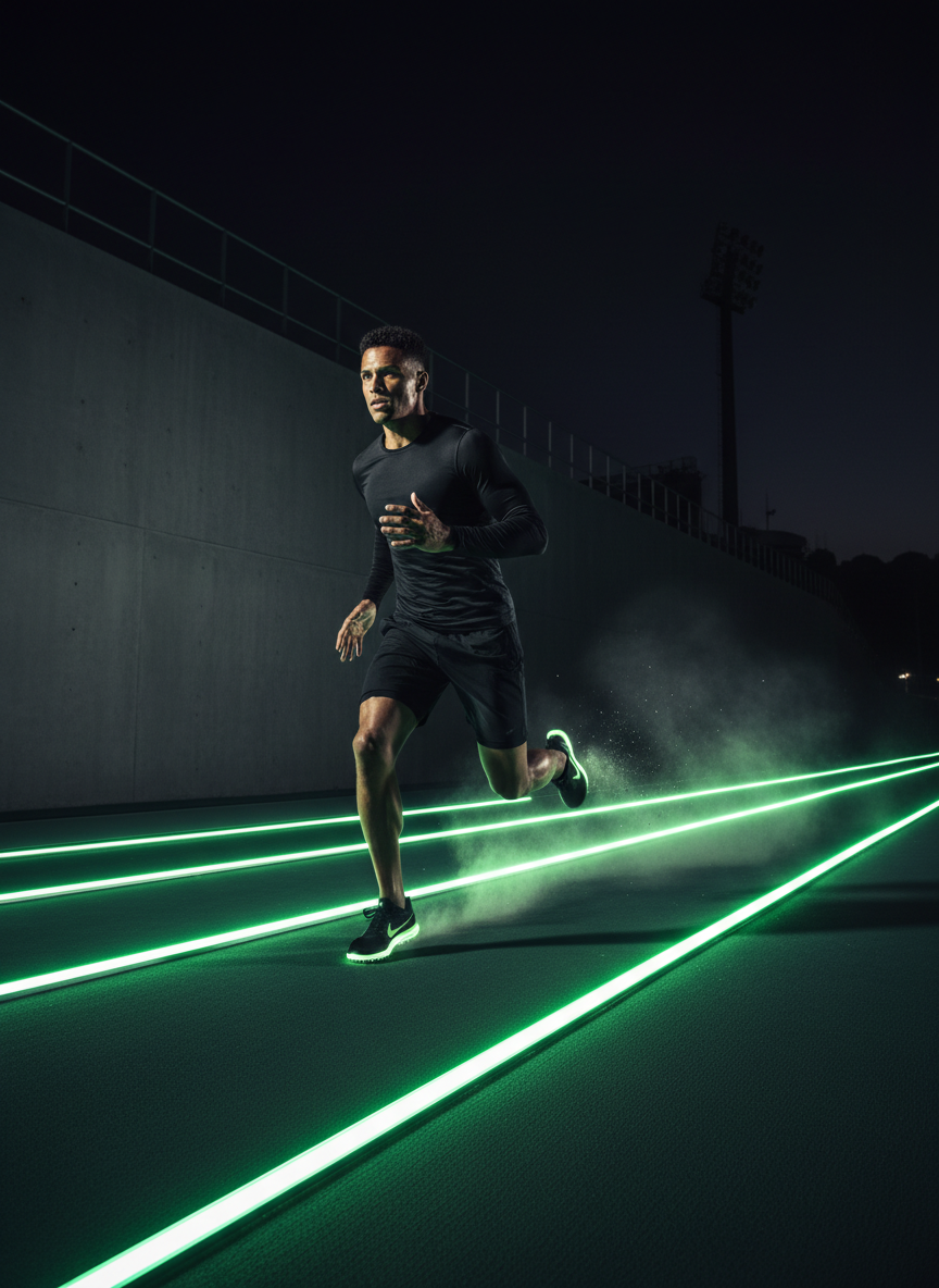 Fotografía profesional vertical de atleta corriendo en pista de atletismo nocturna con luces verdes, ropa deportiva negra y verde, fondo gris grafito, iluminación dramática, estilo premium