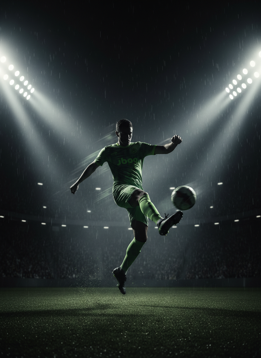 Fotografía profesional vertical de partido de fútbol en acción, jugador rematando el balón con botines negros y verdes, estadio oscuro con luces, tonos gris grafito y verde, estilo dinámico y premium