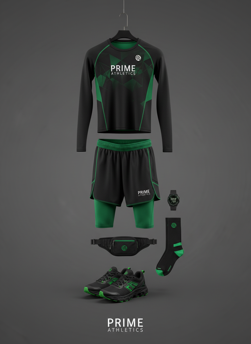 Fotografía profesional vertical de outfit completo de ropa deportiva técnica para running y gym en tonos negros y verdes, colgado sobre fondo gris grafito, iluminación de estudio, estilo premium, coherente con la marca Prime Athletics