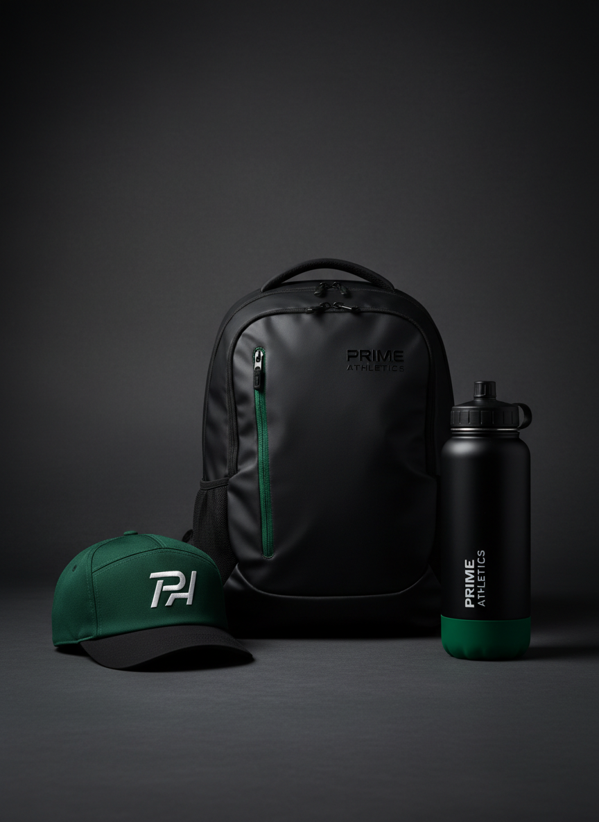 Fotografía profesional vertical de accesorios deportivos modernos como mochilas, gorras y botellas en colores negro y verde sobre fondo gris grafito, iluminación de estudio, estilo premium, coherente con la marca Prime Athletics