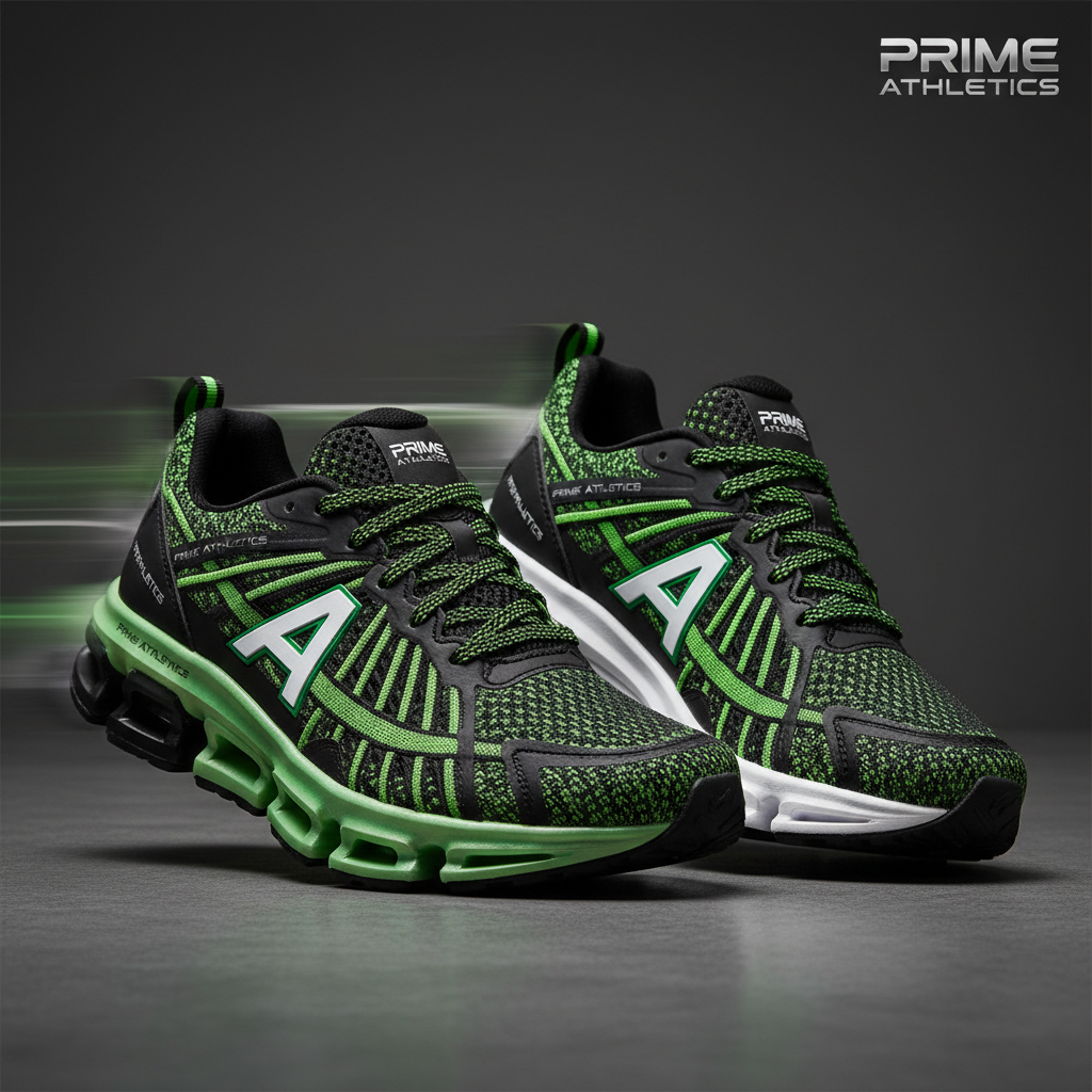 Fotografía profesional de zapatillas de running modernas negras y verdes sobre fondo gris grafito, iluminación de estudio, estilo premium y dinámico, coherente con la marca Prime Athletics