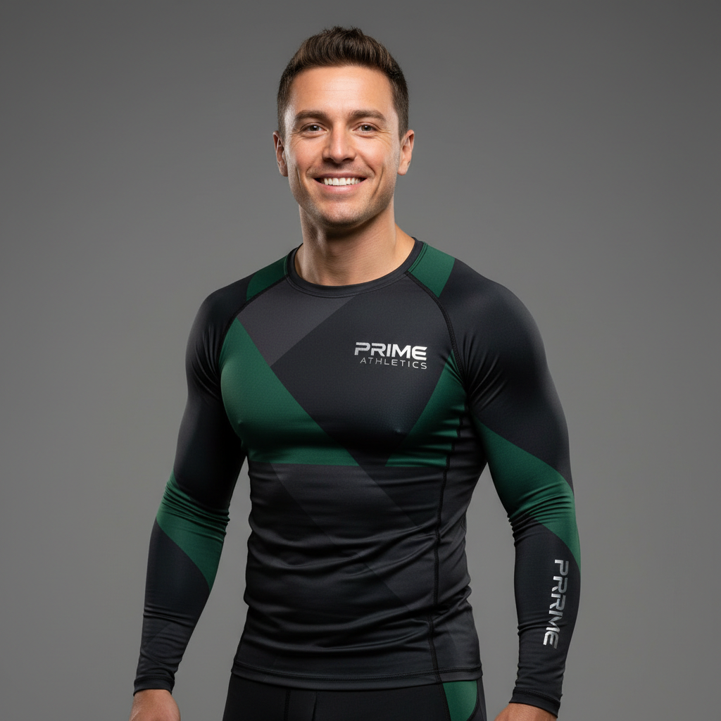 Retrato profesional de cliente deportista sonriendo, con ropa deportiva moderna en tonos negros y verdes, fondo gris grafito suave, iluminación de estudio, estilo premium y cercano, coherente con la marca Prime Athletics