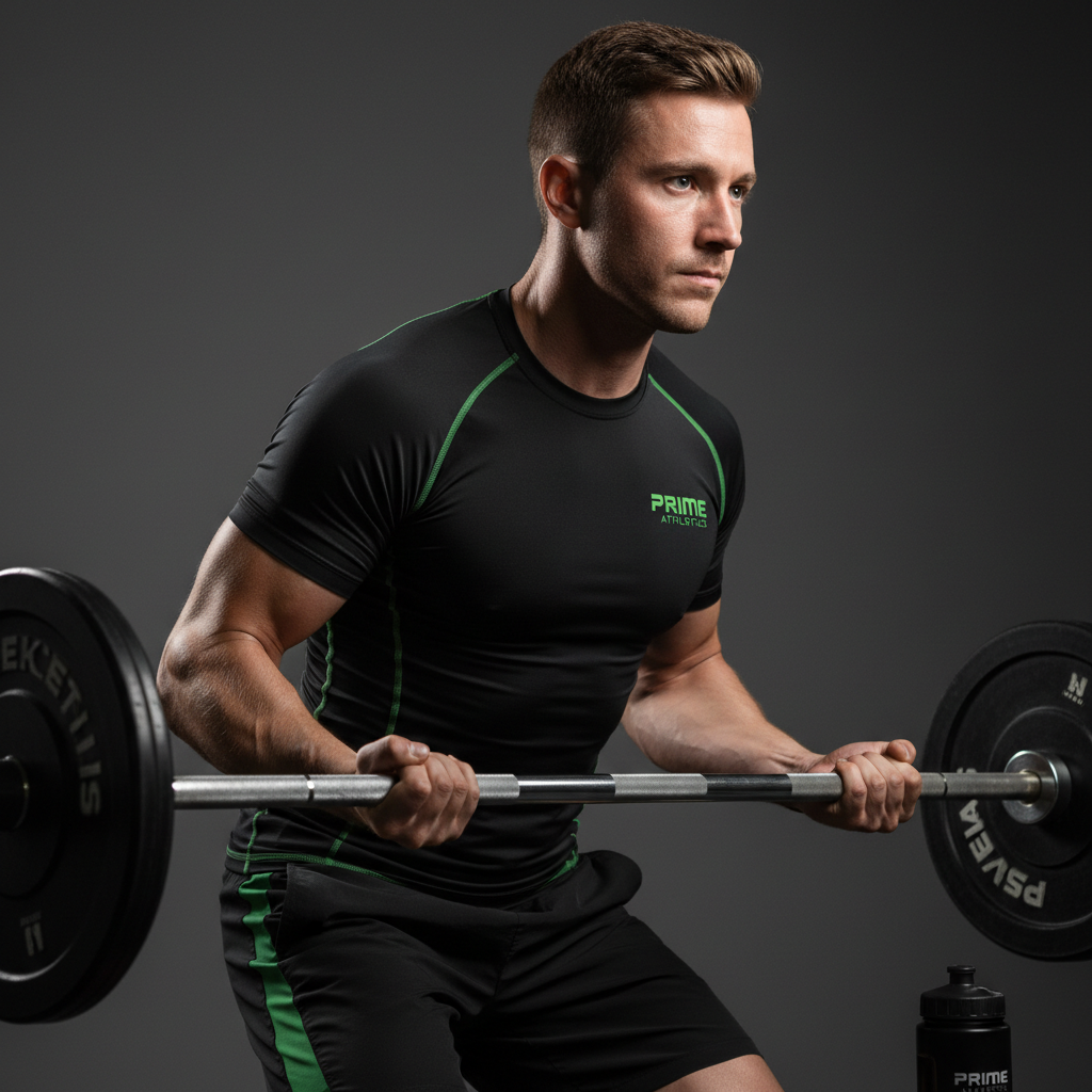 Retrato profesional de cliente deportista masculino en acción entrenando en gimnasio, con ropa deportiva negra y verde, fondo gris grafito suave, iluminación de estudio, estilo premium y cercano, coherente con la marca Prime Athletics