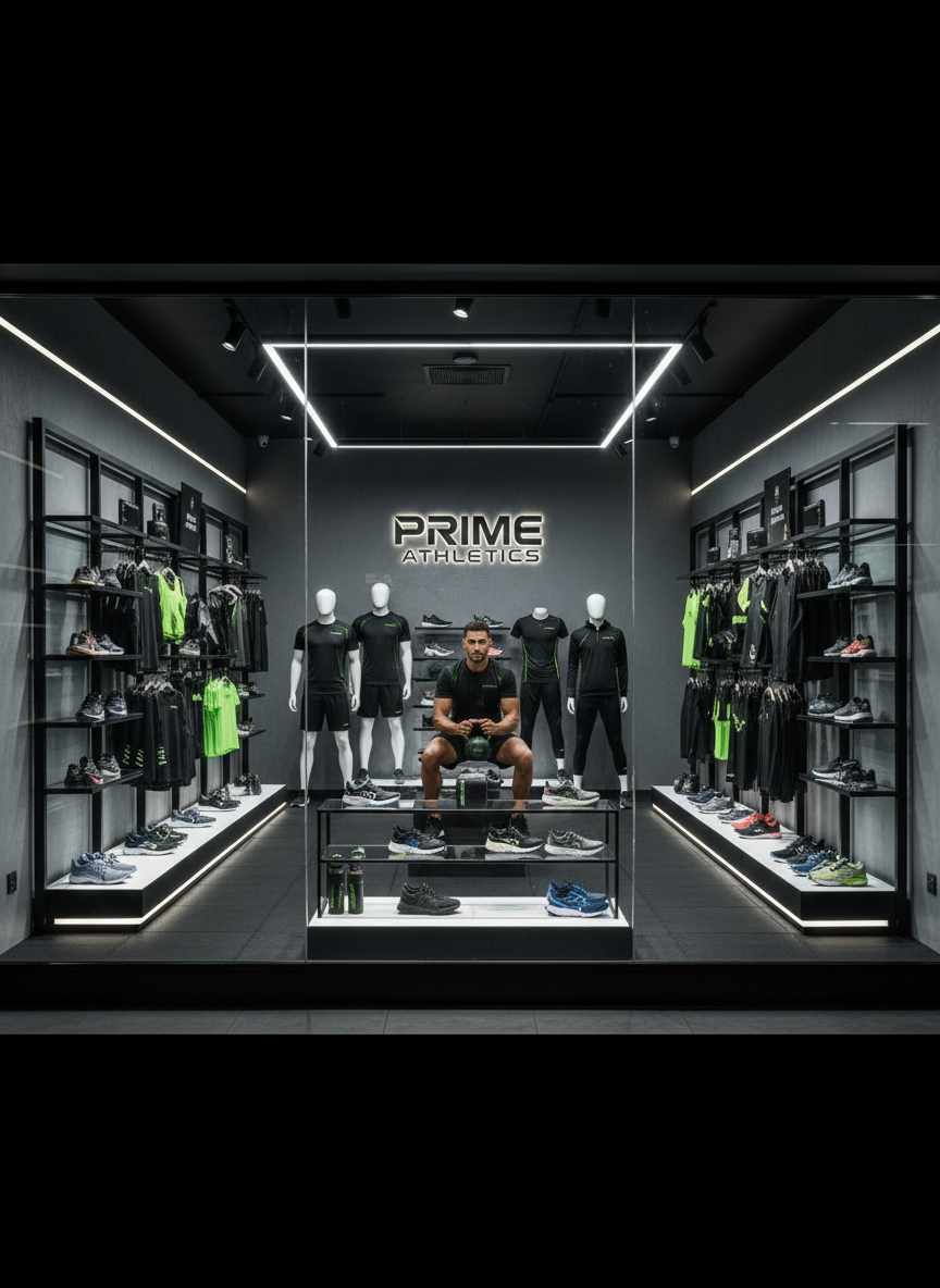 Fotografía profesional horizontal de escaparate de tienda deportiva moderna Prime Athletics con calzado, ropa deportiva y accesorios organizados, iluminación de estudio, tonos negro, verde y gris grafito, estilo premium