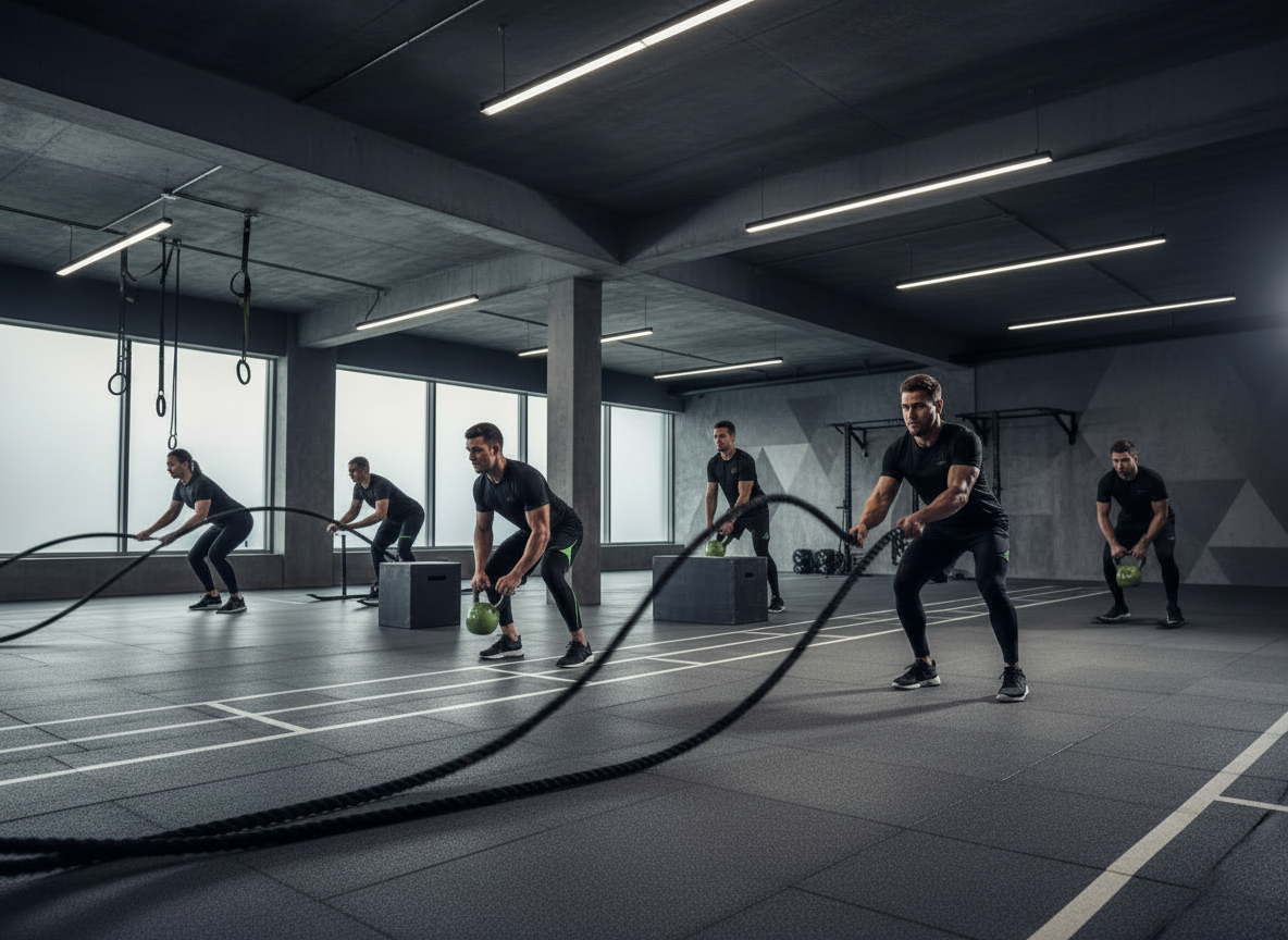 Fotografía profesional horizontal 16:9 de atletas entrenando en gimnasio moderno, realizando ejercicios funcionales, con ropa deportiva negra y verde, fondo gris grafito, iluminación de estudio, estilo dinámico y premium, coherente con la marca Prime Athletics