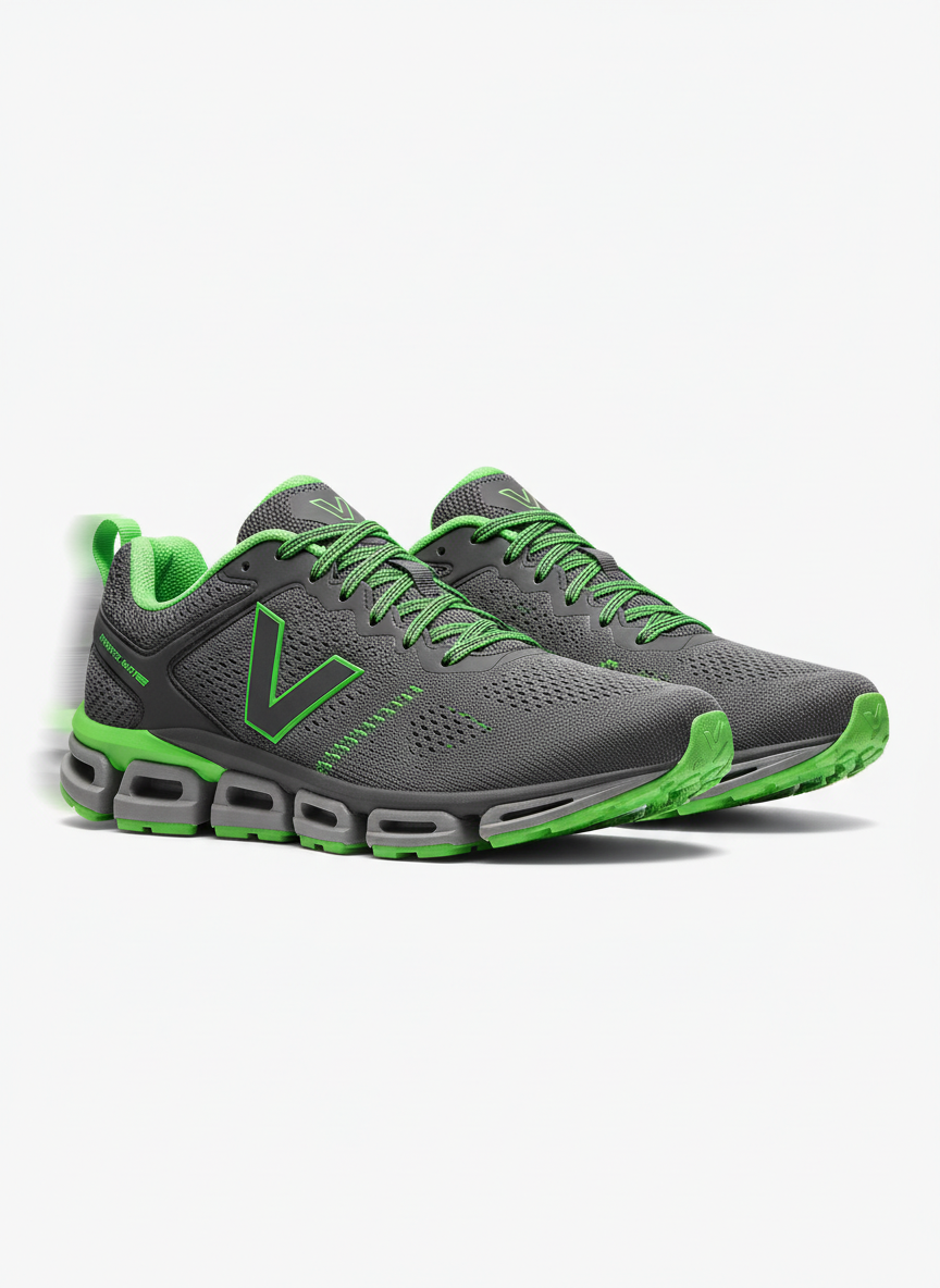 Fotografía de producto de alta calidad de zapatillas deportivas modernas para running, sobre fondo limpio, estilo profesional, dinámico y premium, con detalles en verde y gris grafito, iluminación uniforme tipo estudio, composición minimalista y alineada.