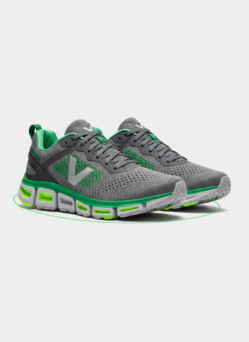 Fotografía de producto de alta calidad de zapatillas deportivas modernas para running, sobre fondo limpio, estilo profesional, dinámico y premium, con detalles en verde y gris grafito, iluminación uniforme tipo estudio, composición minimalista y alineada.
