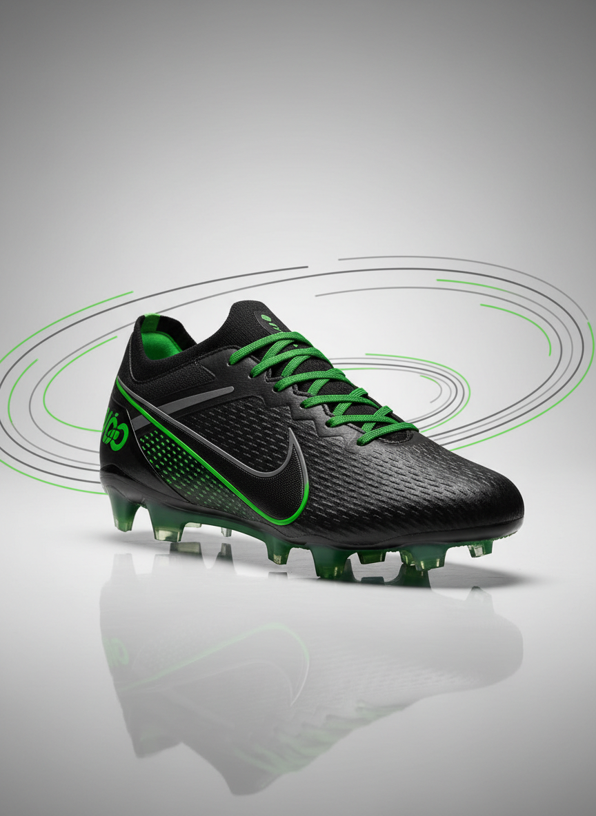 Fotografía de producto de alta calidad de unos botines de fútbol modernos sobre superficie limpia, estilo profesional, dinámico y premium, con detalles en verde y gris grafito, iluminación uniforme tipo estudio, composición minimalista y alineada, fondo neutro.