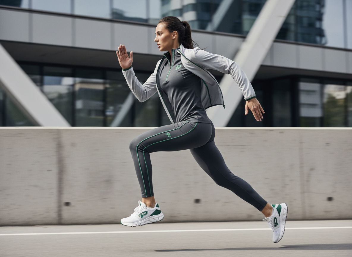 Fotografía de alta calidad, horizontal, de una corredora usando calzado y ropa deportiva Prime Athletics con detalles en verde y gris grafito, corriendo en exterior urbano moderno, iluminación profesional, estilo dinámico y premium, fondo ligeramente desenfocado, composición limpia.