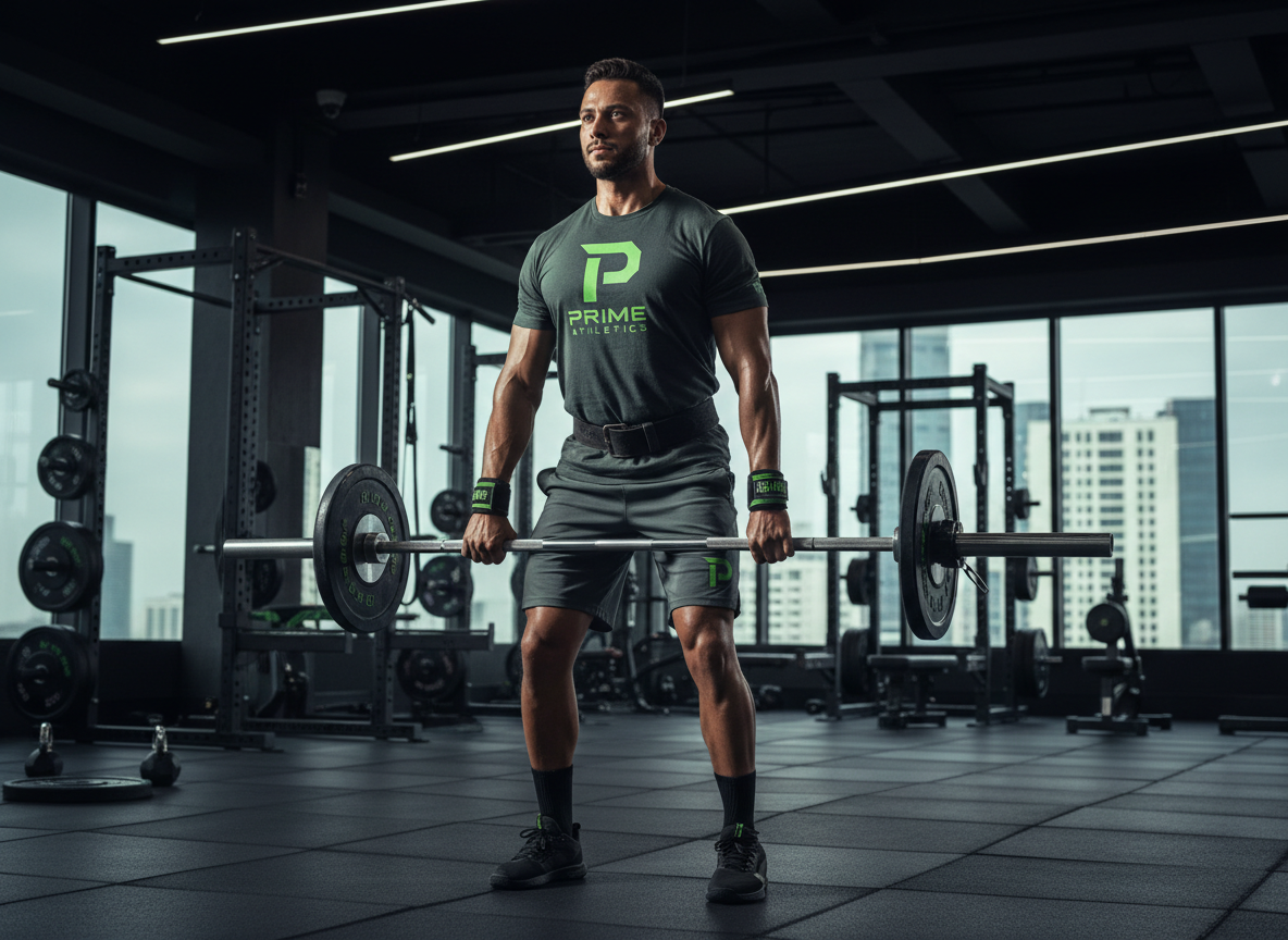 Fotografía de alta calidad, horizontal, de un deportista entrenando en gimnasio usando camiseta, pantalón y accesorios Prime Athletics en colores verde y gris grafito, realizando levantamiento funcional, iluminación profesional, estilo dinámico y premium, fondo de gimnasio moderno ligeramente desenfocado.