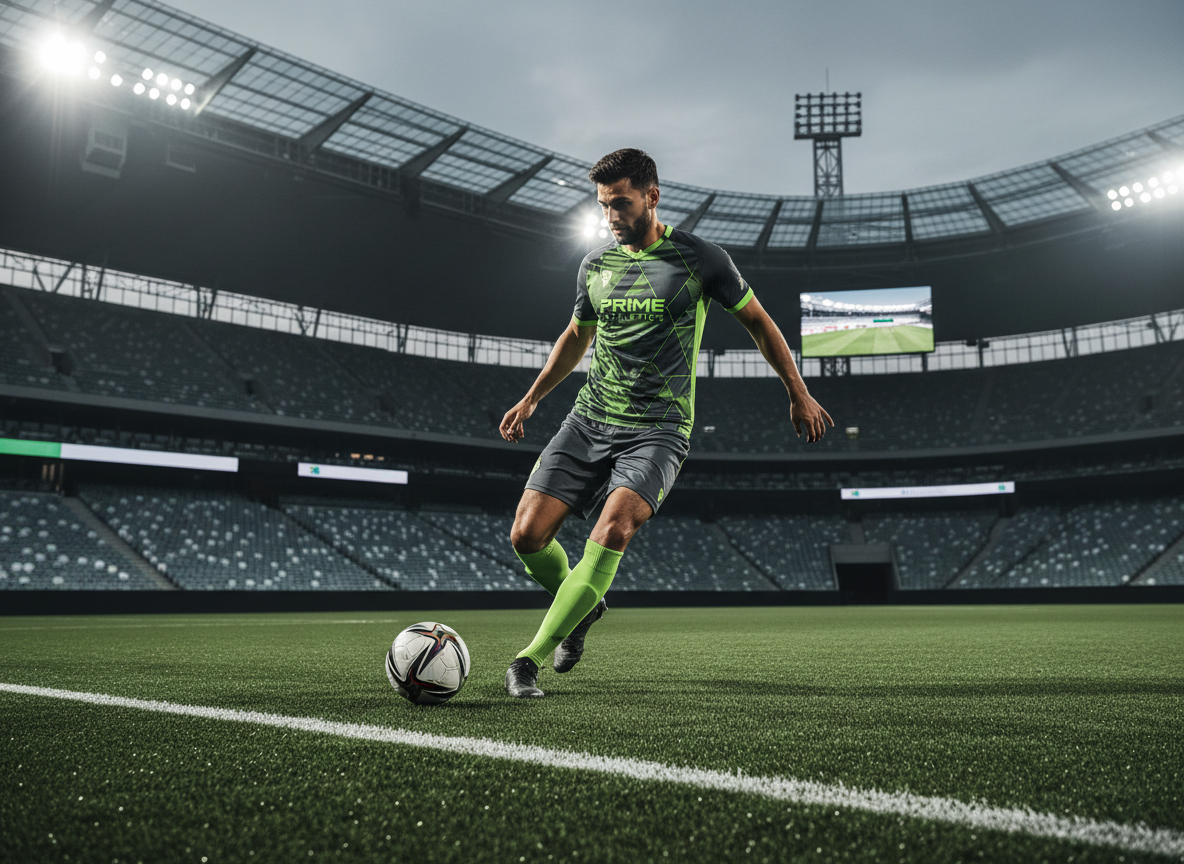 Fotografía de alta calidad, horizontal, de un futbolista en movimiento usando botines, medias y conjunto Prime Athletics con detalles en verde y gris grafito, controlando el balón en un campo de fútbol moderno, iluminación profesional, estilo dinámico y premium, fondo de estadio ligeramente desenfocado.