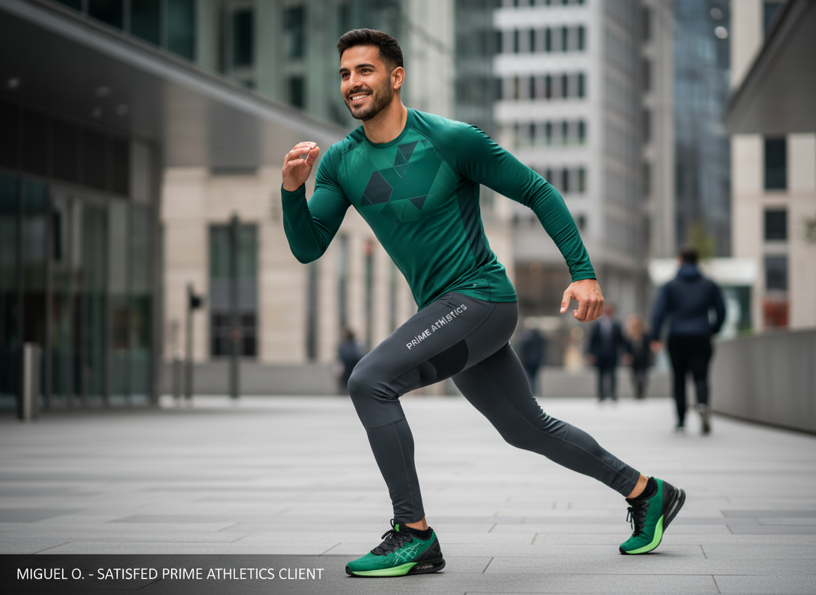 Fotografía de alta calidad, horizontal, de un cliente satisfecho llamado Miguel O. usando productos deportivos Prime Athletics en un entorno urbano moderno. Lleva zapatillas técnicas y ropa deportiva en tonos verde y gris grafito, con expresión de satisfacción y confianza. Iluminación profesional, estilo dinámico y premium, fondo ligeramente desenfocado, composición limpia y centrada, coherente con el resto de imágenes del sitio.
